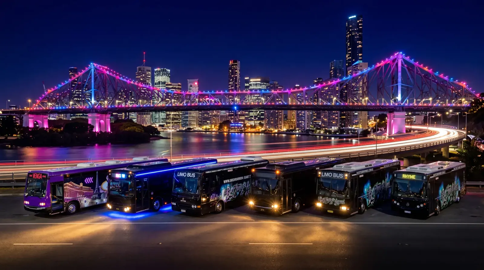 Bus Tour Rhymes fleet beside Brisbane’s Story Bridge