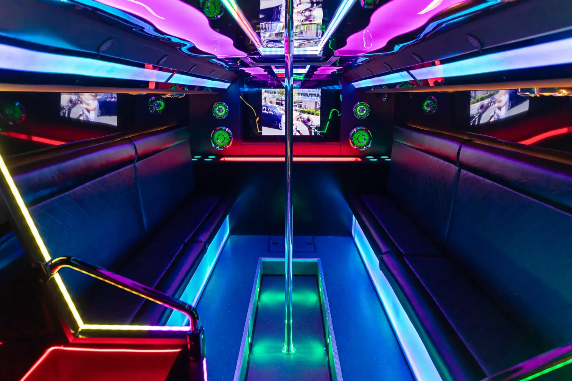 Party bus interior with neon lighting