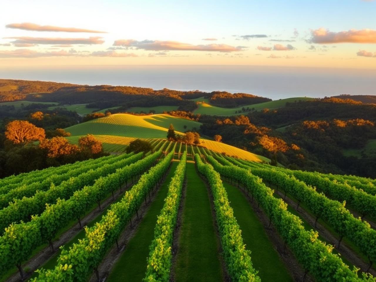 Vineyard rows overlooking rolling hills at sunset